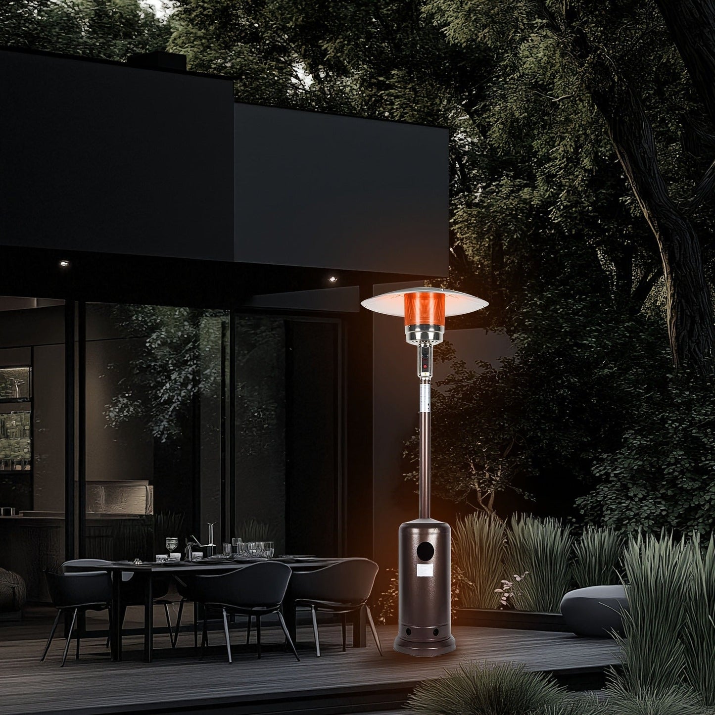 Outdoor Propane Patio Heater 46000 BTU Freestanding Tower with Wheels, Bronze Powder-Coated, Commercial & Residential