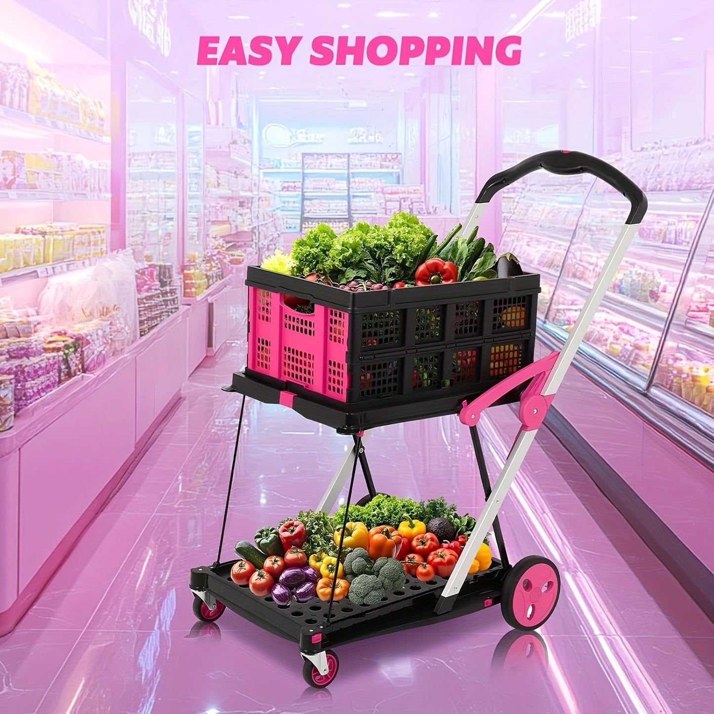 Collapsible Utility Cart Foldable Shopping Trolley 4-Wheel 360° Swivel Locking Brake Portable Dolly for Grocery Mall Camping Pink Purple