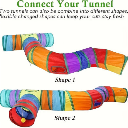 Collapsible Cat Tunnel Toy – Foldable S-Shaped & 3-Way Tube with Ball & Peek Holes, Rainbow Colors, Connectable Cat Play Tunnel for Indoor