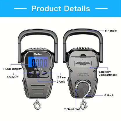Digital Fishing Scale 50kg 110lb Portable Handheld Fish Scale with LCD Backlight & Built-in Measuring Tape
