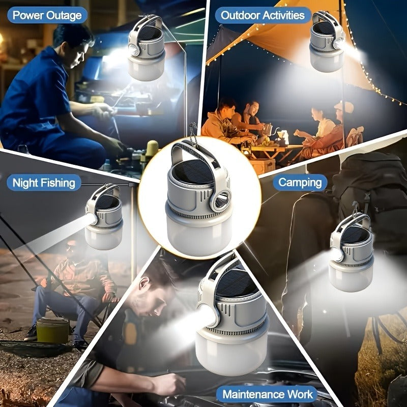 Solar LED Camping Light with Hook – 6 Modes, USB-C Rechargeable, 300LM, IPX4 Waterproof, Emergency Power Bank