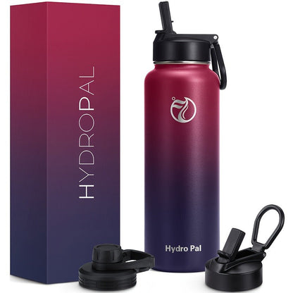 40oz HydroPal Water Bottle with Separate Straw and Chug Lids, Two Straws and 12 Color or Pattern Options