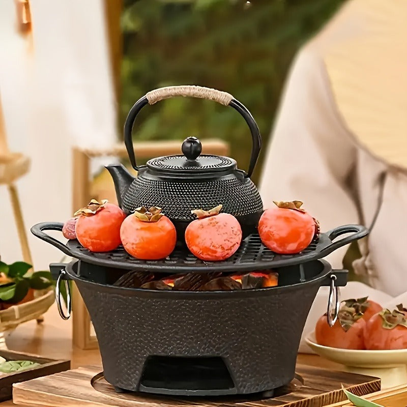 10.6-Inch Round Charcoal Grill Set with Cast-Iron Body, Cooking Grid, Wooden Base and Tongs