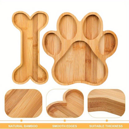 Bamboo Pet Food Bowl Set – Paw & Bone Shaped Wooden Serving Tray with 5-Compartment Snack Platter, Natural Charcuterie Board for Dogs