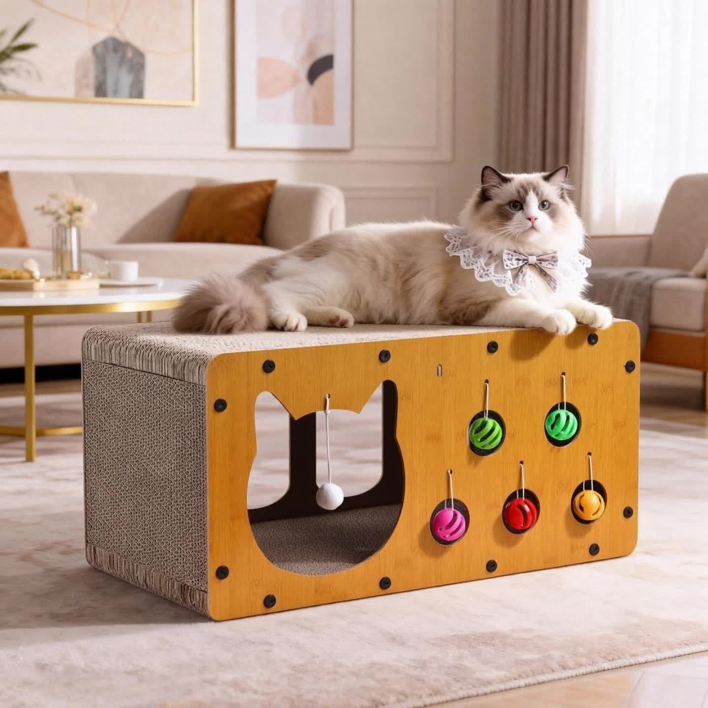 Cat Scratching Board with Interactive Rolling Ball – Multifunctional Cat Furniture for Scratching Playing & Resting