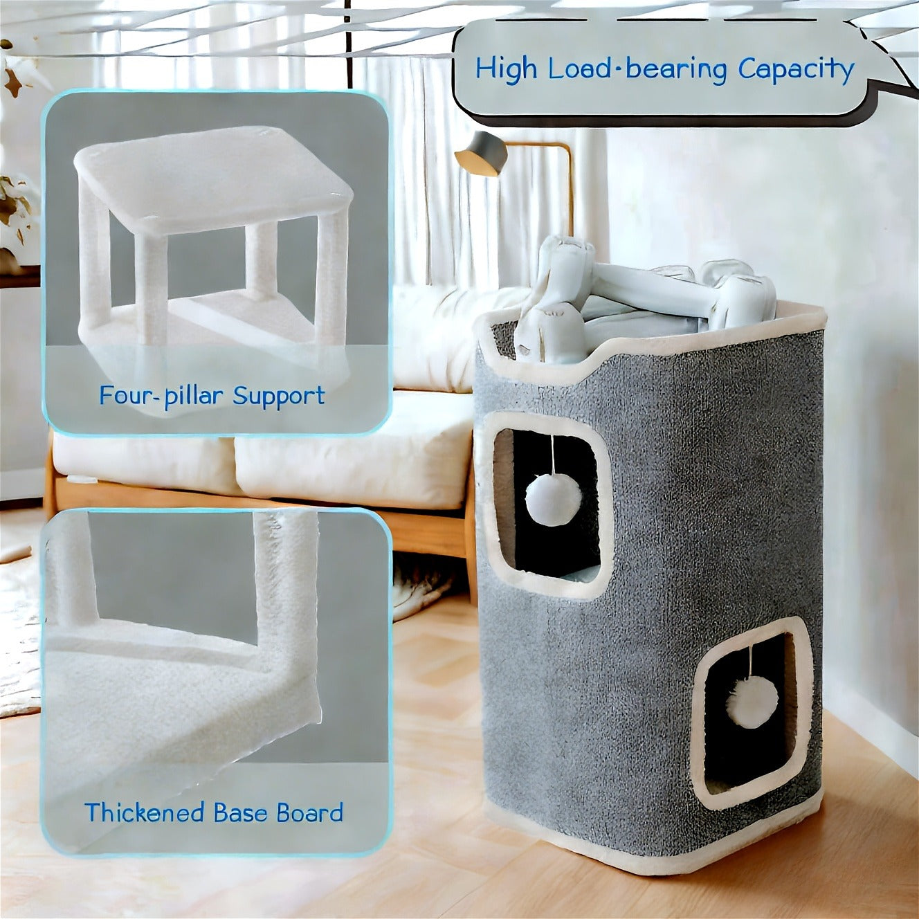 Cat Tree Tower Multi-Level Foldable – Indoor Cat House with Scratch Resistant Post, Soft Top Cat Bed, Cat Hideaway & Bell Ball Toy