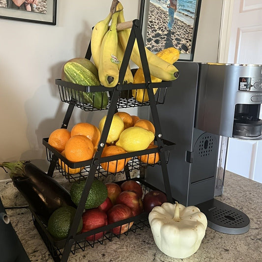 Fruit Basket Kitchen Organizer 2 or 3 Tier Metal Stand with Removable Wooden Handles for Countertop