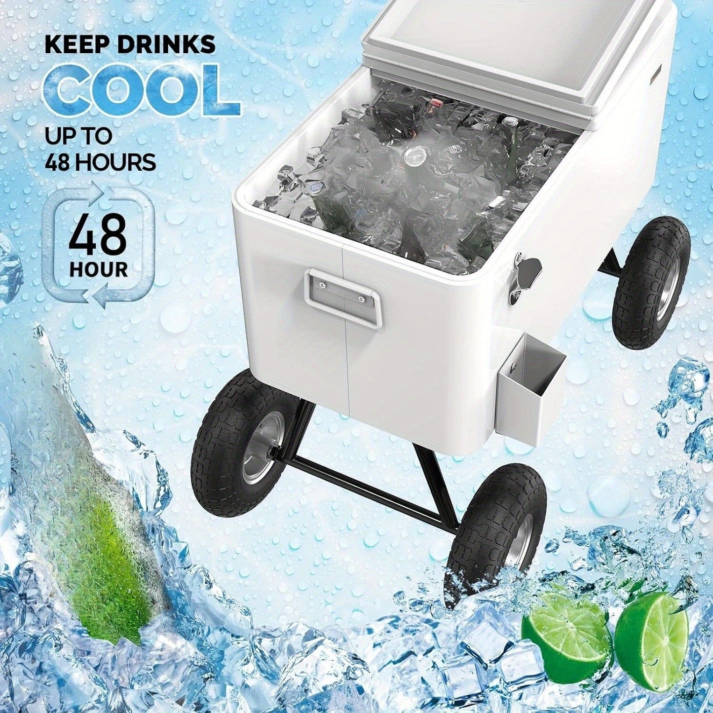 Rolling Cooler Cart 80QT Portable Wagon with 10" Wheels, Patio Beach Outdoor Drink Cooler, for Camping, Travel and Outdoor Use