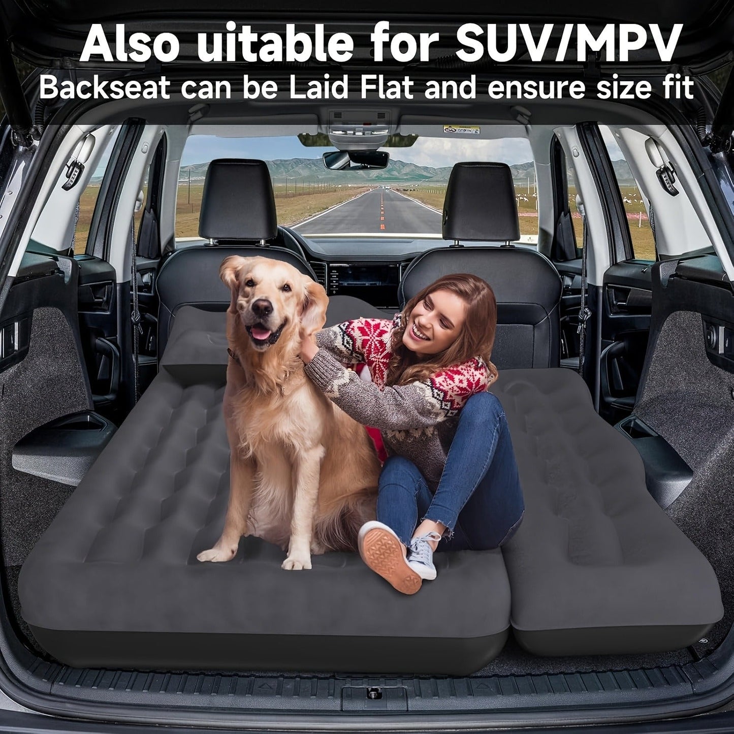 Back-Seat Car Inflatable Mattress with Two Pillows, Air Pump and Carry Bag in Black or Dark Blue