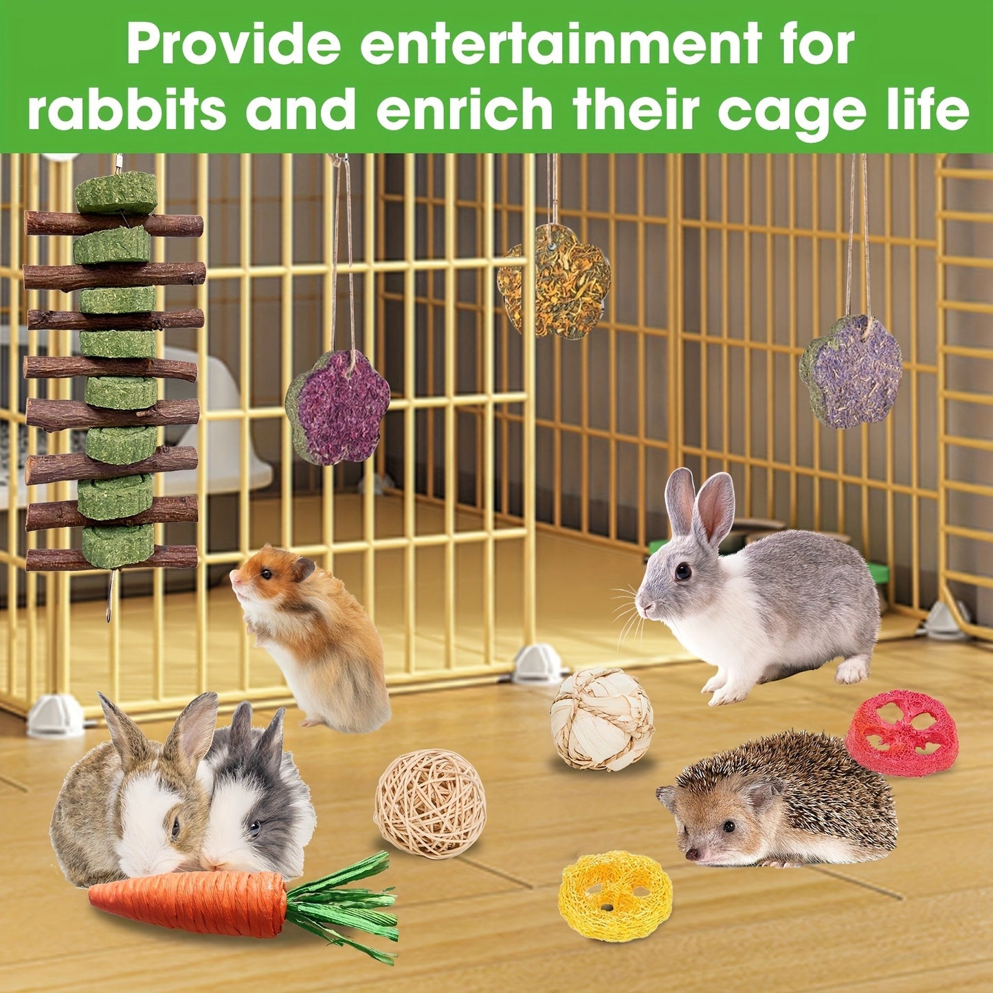 Small Animal Dental Treats 21pcs – Natural Timothy Hay Variety Set with Hay Sticks, Timothy Cakes & Carrot Strawberry Treats for Rabbits
