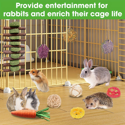 Small Animal Dental Treats 21pcs – Natural Timothy Hay Variety Set with Hay Sticks, Timothy Cakes & Carrot Strawberry Treats for Rabbits