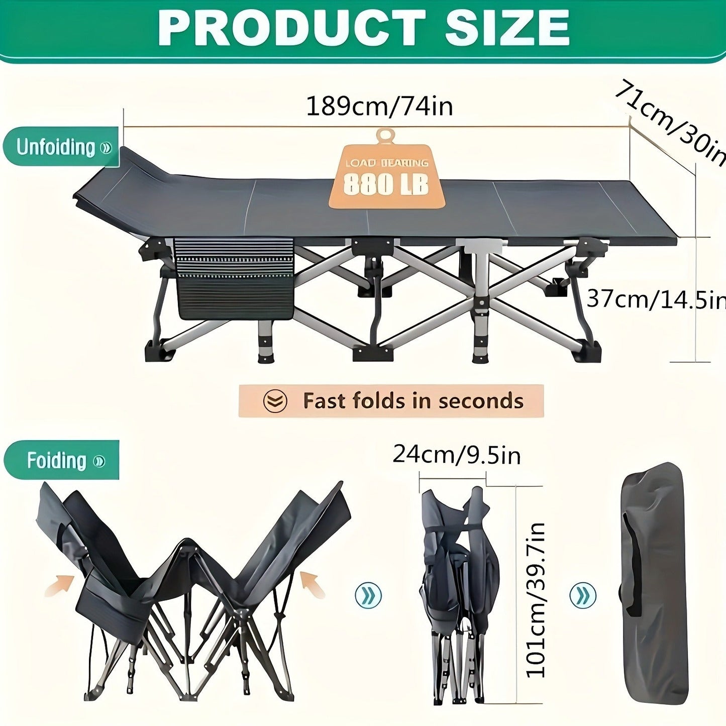 Folding Camping Cot with 74 x 30 Inch Plaid Mattress Checkout Label, Carry Bag and Side Storage Pocket