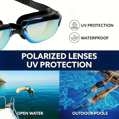 Iridescent-Lens Swim Goggles Set with Adjustable Split Strap, Swim Cap, Hard Case and Small Accessories