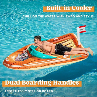 Pool Float Boat-Shaped Two-Person Raft, Over Eight Feet with Built-In Cooler, Two Handles and Tow Point