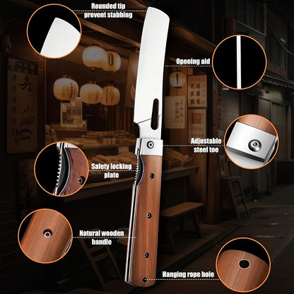 Folding Nakiri Kitchen Knife with 440C Stainless Steel Label, Wood-Look Handle, Drawstring Pouch and Box