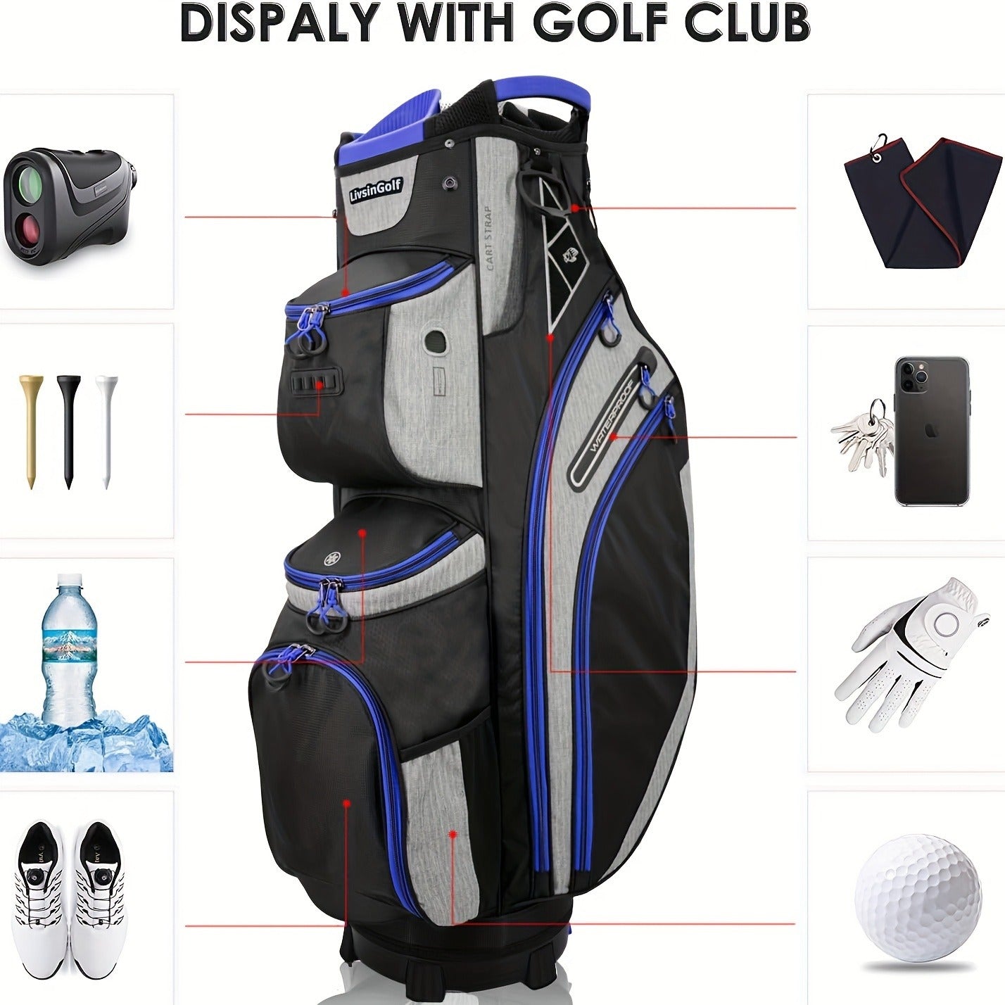 Golf Cart Bag with Full-Length Dividers – Sturdy Spacious Stand Bag with Multiple Pockets for Golf Club Organization, Accessories Storage