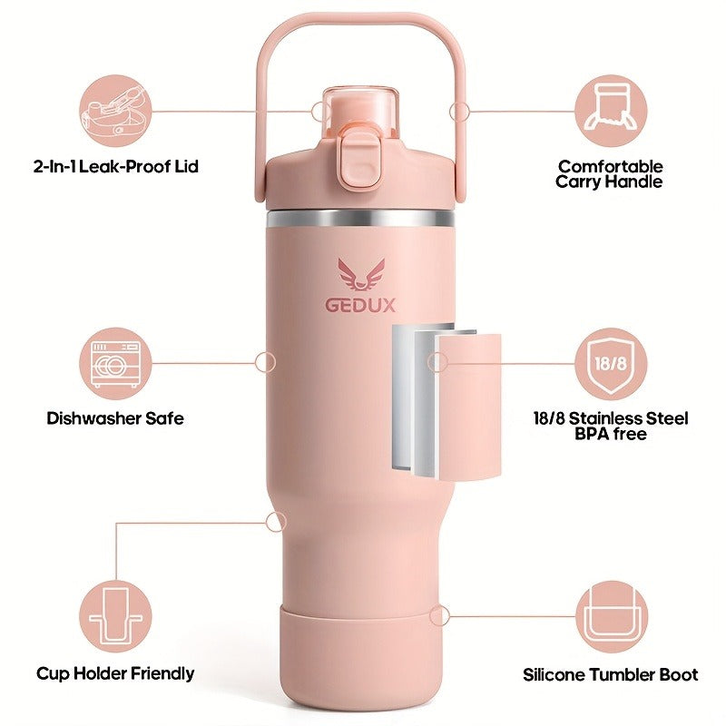GEDUX Stainless Steel Water Bottle with Handled Lid and Removable Cup in 32oz or 40oz and Nine Styles