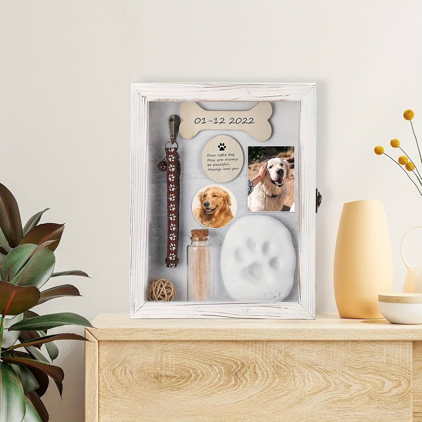 Pet Memorial Shadow Box 8x10 Wood Frame Display Case with Paw Print Kit Small Bottle & Pins, Dog Cat Urn Ashes Keepsake Box for Loss Pet