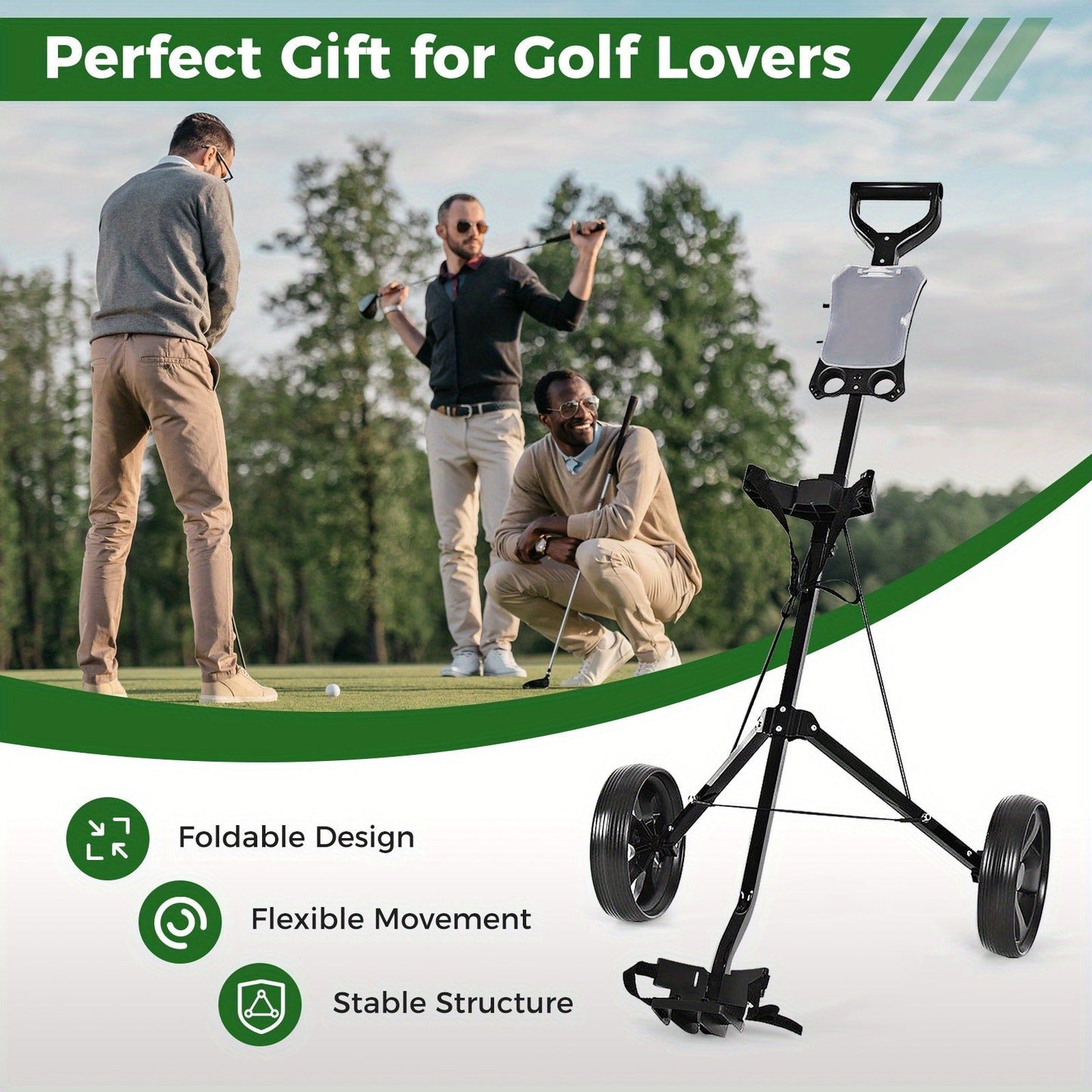 Foldable 2 Wheel Golf Push Cart Trolley with Scoreboard – Lightweight Steel Frame Pull Cart with Adjustable Handle, Score Counter