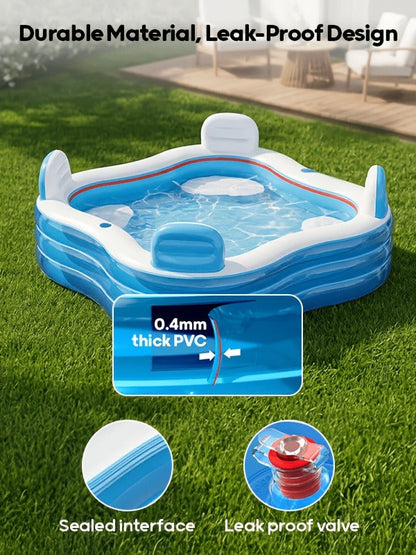 Inflatable Lounge Pool with Backrest 4 Seats 80x80x32 Inch Blow Up Pool for Adults Family Outdoor Garden for Garden, Patio and Yard Use