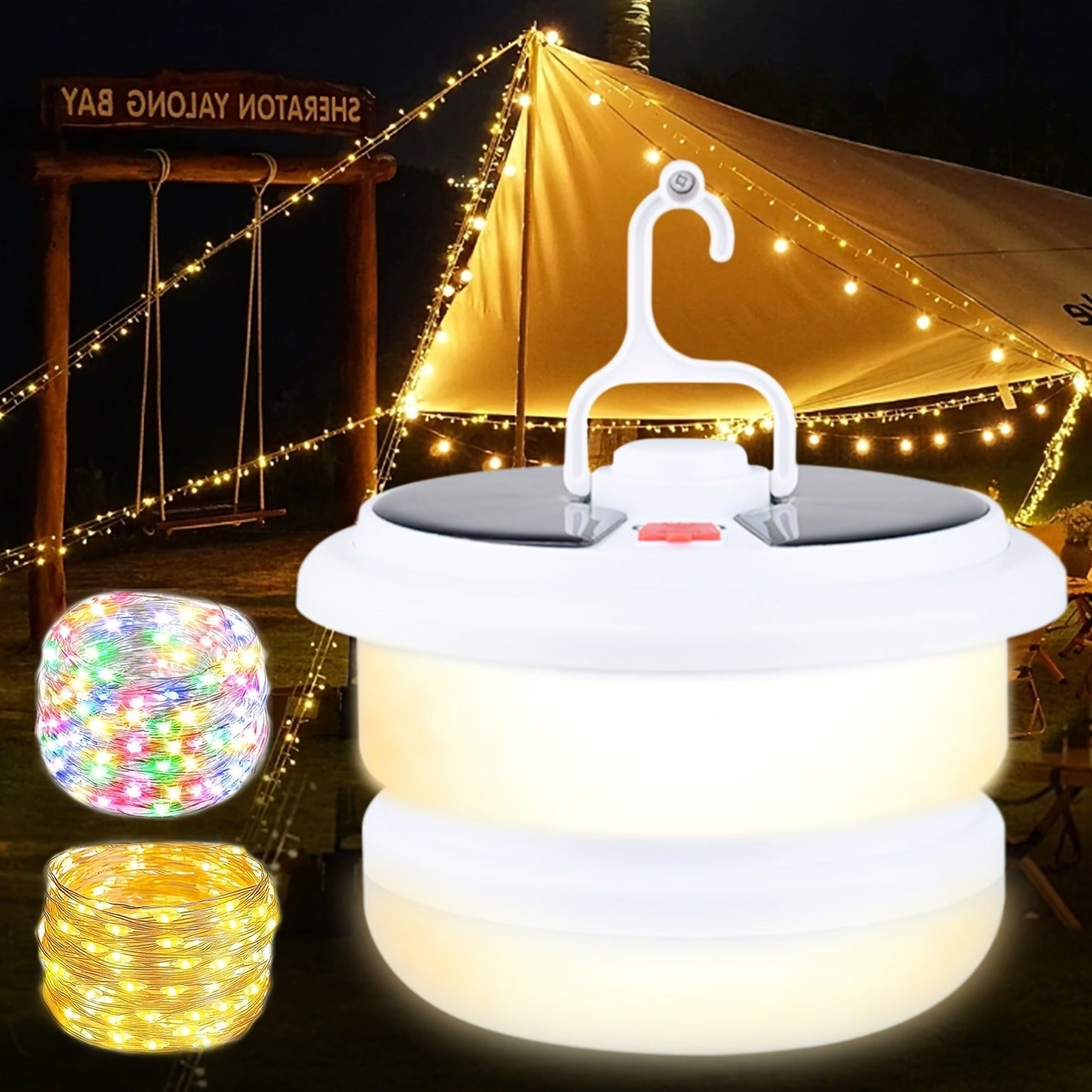 Solar Camping Lantern with Retractable 32.8ft String Lights, Six Modes, USB-C Port and Hand Crank