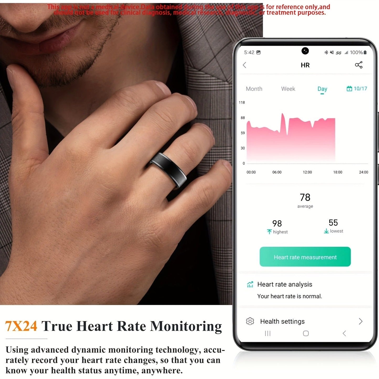 Smart Ring Activity Accessory in Black, Rose Gold or Silver with Seven Diameter-Based Size Options