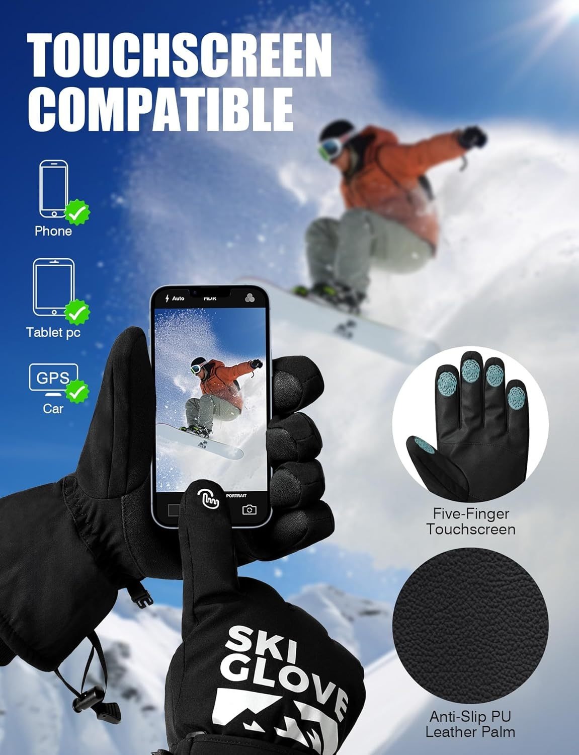 Black Full-Finger Winter Gloves with Touch-Panel Fingertips and Complete S, M, L and XL Size Options