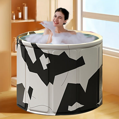 Round Foldable Adult Soaking Tub in Black-and-White Geometric Pattern with Freestanding Support Frame and Drain