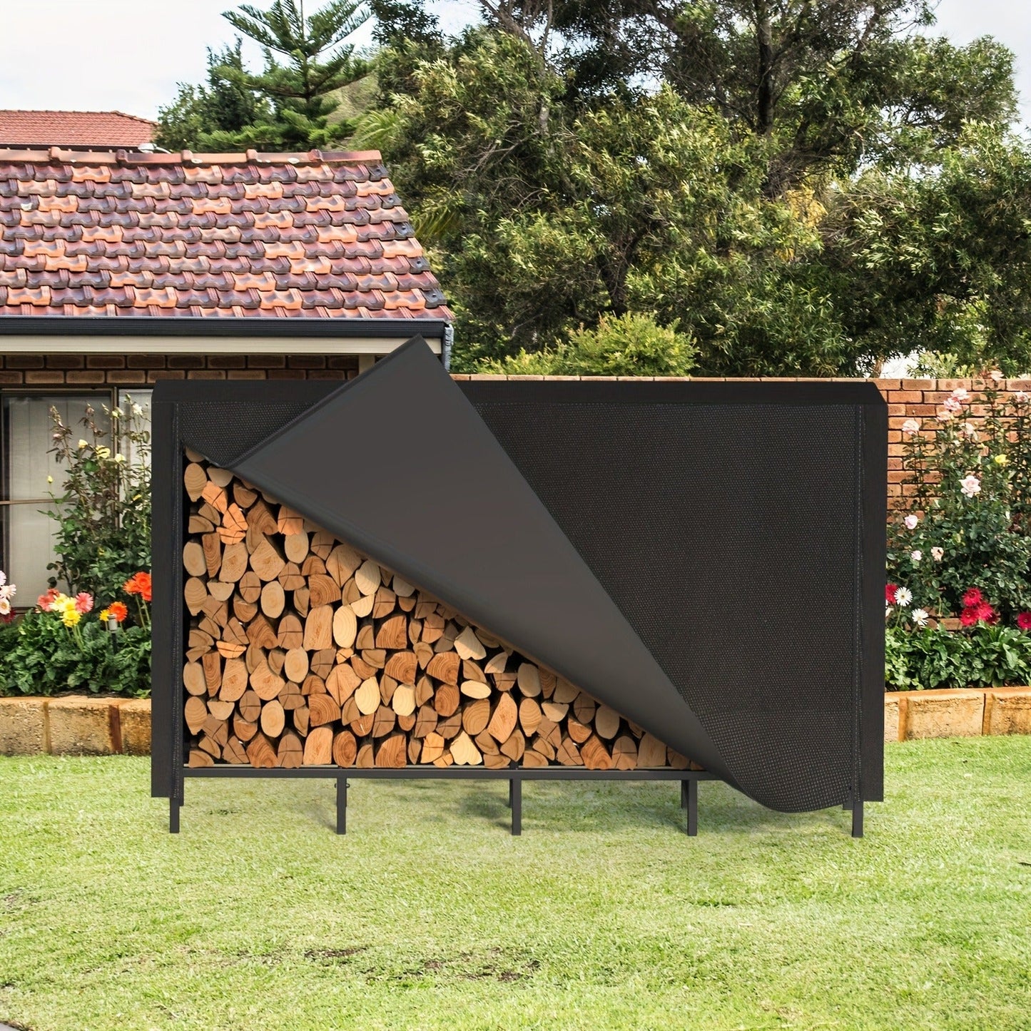 Firewood Rack Heavy Duty Adjustable – Outdoor & Indoor Log Holder with Cover, A-Frame Steel Wood Storage Stand for Fireplace, Patio, Cabin