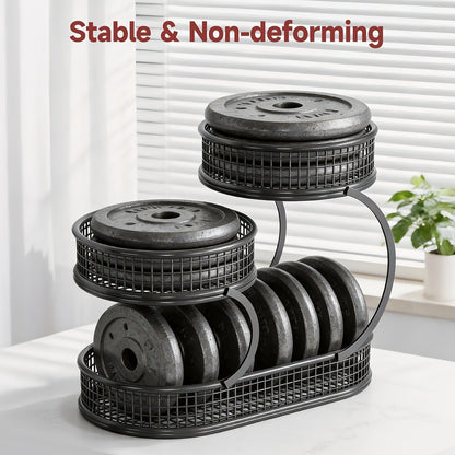Three-Level Black Wire Fruit Basket with Two Round Bowls and 15.75-Inch Rectangular Base Tray