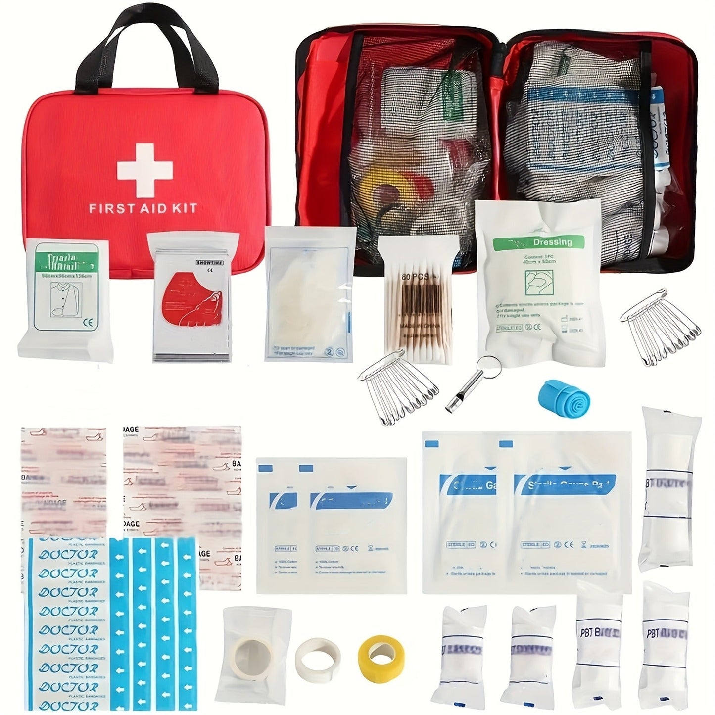 25-Item First Aid Kit with Red Handled Zipper Case, Two Mesh Sections and Labeled Supply Packets