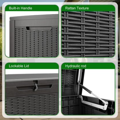 Large Gray Rattan-Look Outdoor Storage Box with 110-Gallon Pictured Capacity, Handles and Hinged Lid