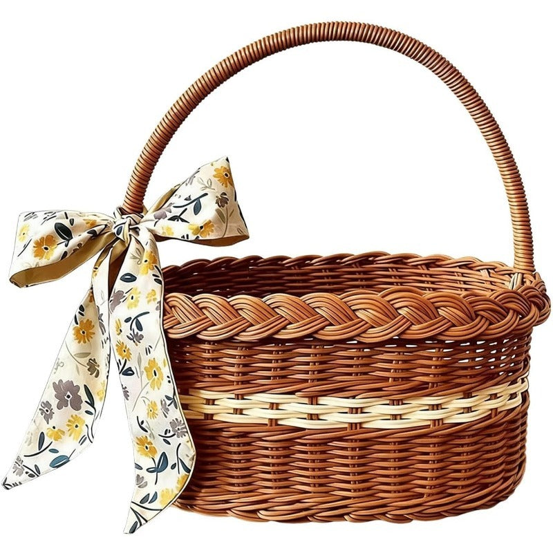 Wicker Easter Basket with Handle – Large Hand Woven Retro Basket with Ribbon for Easter Egg Hunt, Picnic, Outdoor Camping
