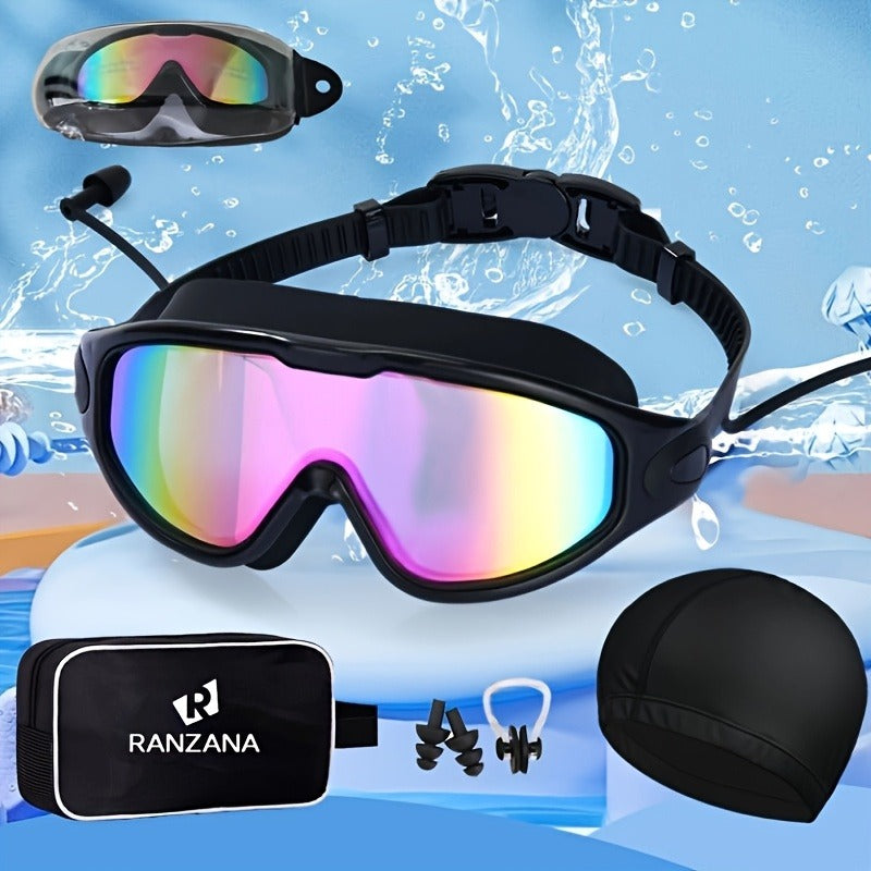 Swimming Goggles Set 6-in-1 with Case & Waterproof Bag – UV Protection Iridescent Coated PC Lens, Silicone Strap, PU Swim Cap