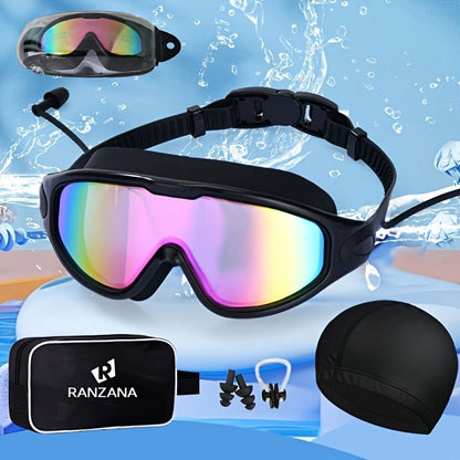 Swimming Goggles Set 6-in-1 with Case & Waterproof Bag – UV Protection Iridescent Coated PC Lens, Silicone Strap, PU Swim Cap