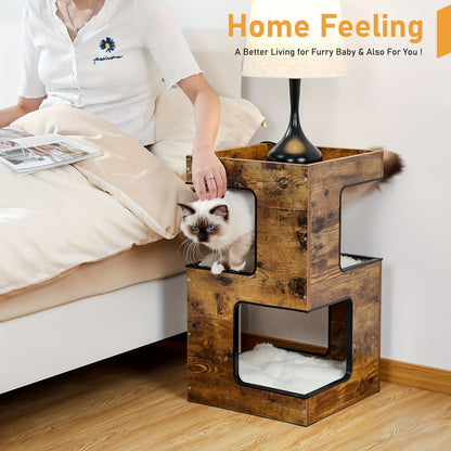 Cat Tree Small Modern 23.6" Wood Cat Tower Furniture with Scratching Pad Removable Soft Mats & Free Cat Toy for Indoor Kittens