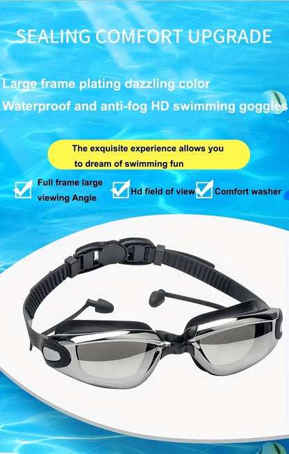 Anti-Fog Racing Swim Goggles Set 6-in-1 – HD UV Protection Silver Coated PC Lens, Waterproof PU Swim Cap, Nose Clip, Earplugs