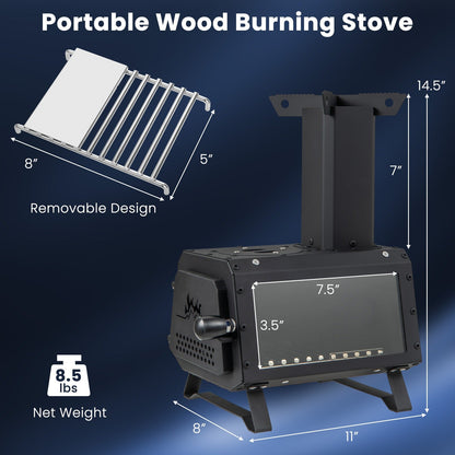 Camp Stove Wood Burning 2-in-1 Outdoor Cookstove & Heater, Carbon Steel, Glass-Ceramic Window, Dual Cooking Positions