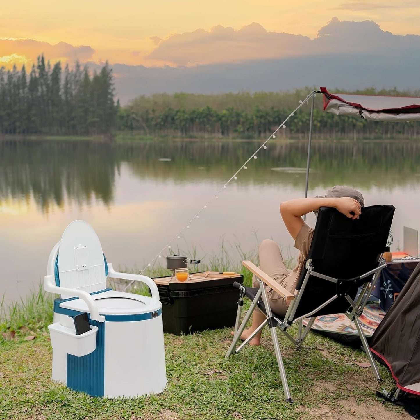 Portable Camping Toilet with Backrest – 350lb Capacity, 6-8 Gal Detachable Bucket, Anti-Slip Base, Built-in TP Holder & Phone Shelf