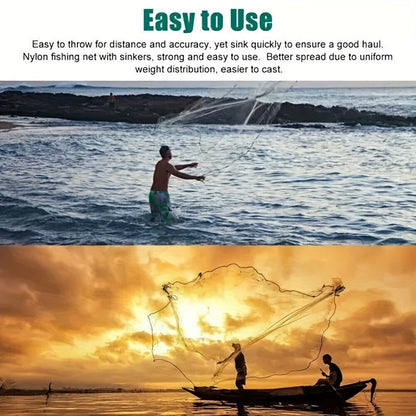 Throw Cast Net 8FT 10FT Transparent Thread Nylon Mesh 3/8in, Galvanized Zinc Sinkers 26ft PE Braid Hand Line No-Ring Design for Shrimp Bait