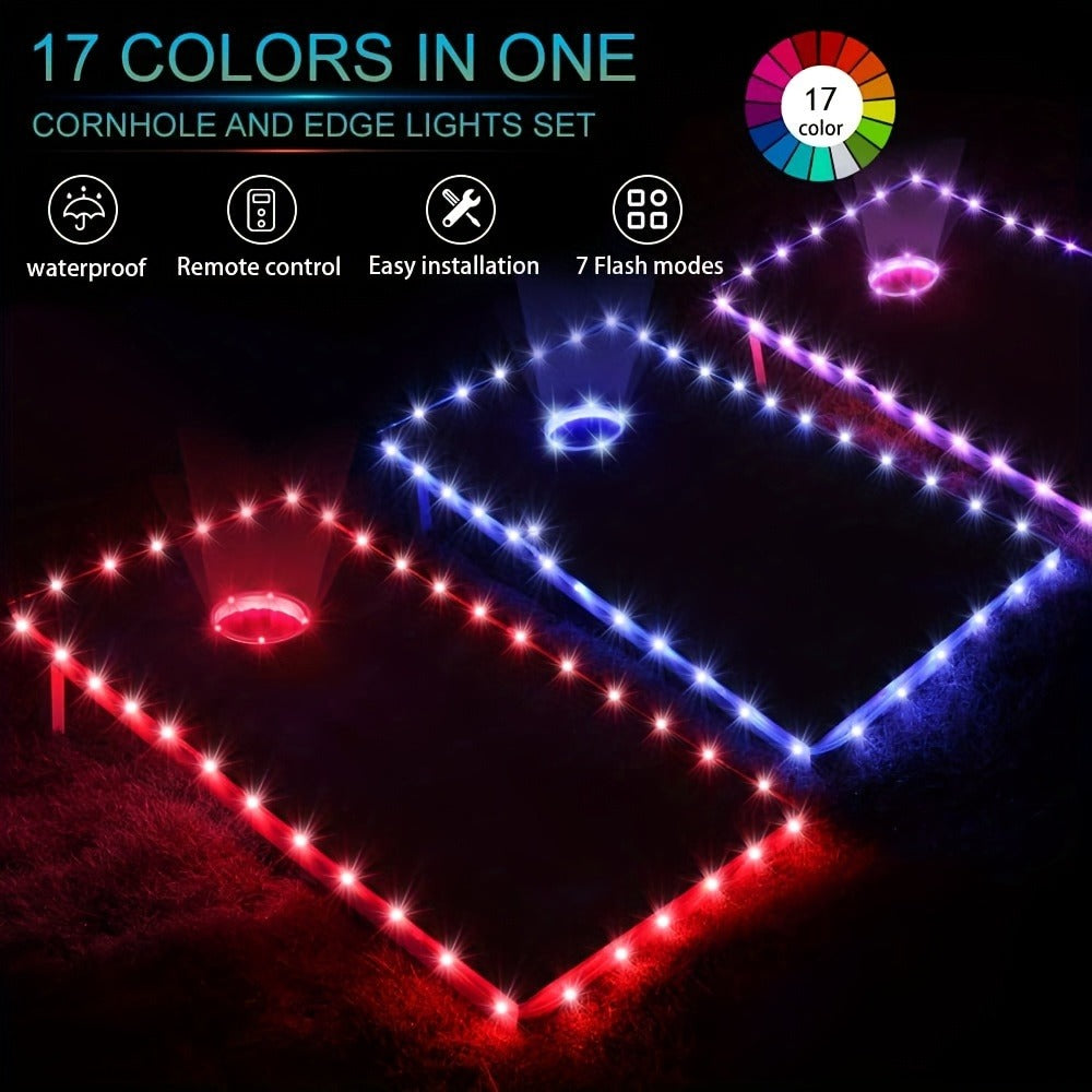 Cornhole Lights LED Ring & Board Edge Lights 17 Colors 7 Modes with Remote Control for Standard Cornhole Board 4ft x 2ft Night Games