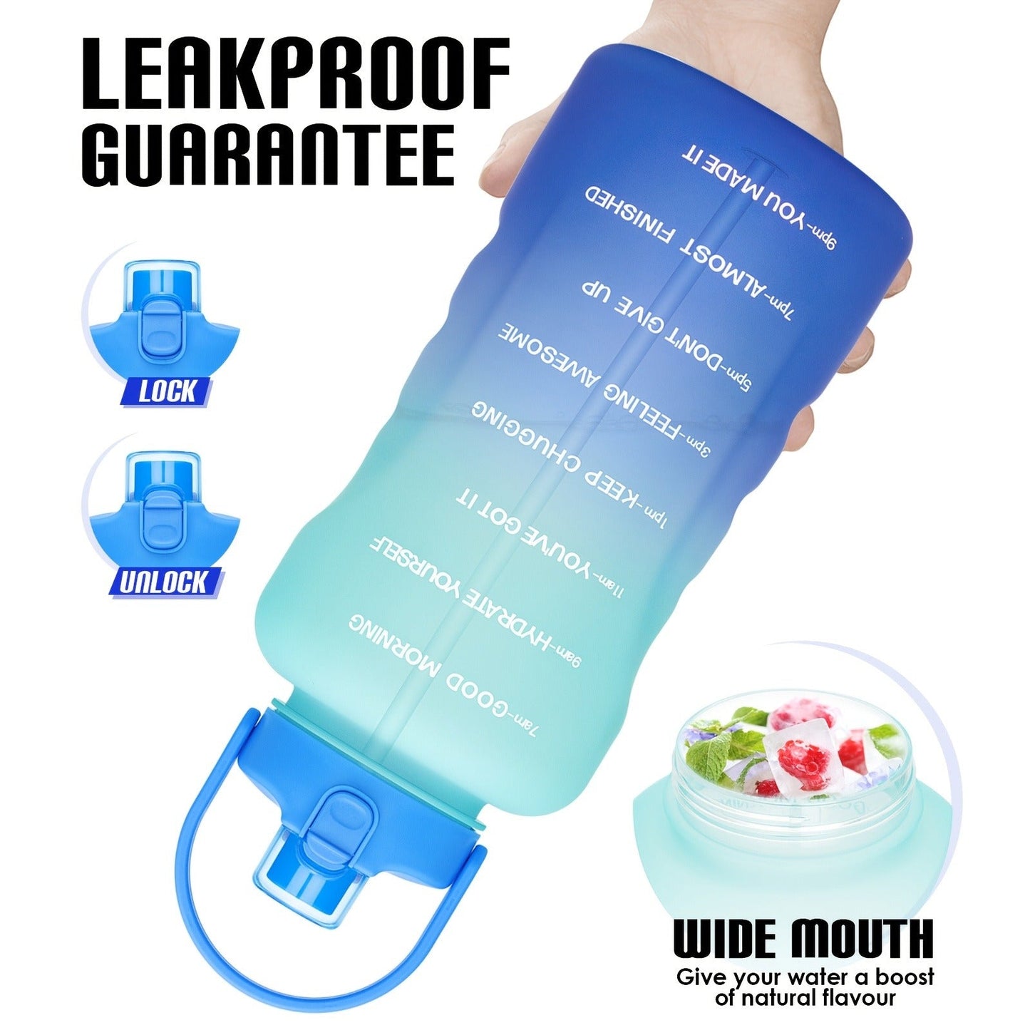 128oz Water Bottle Jug with Time Markers, Handled Flip-Top Straw Lid and Seven Color Treatments