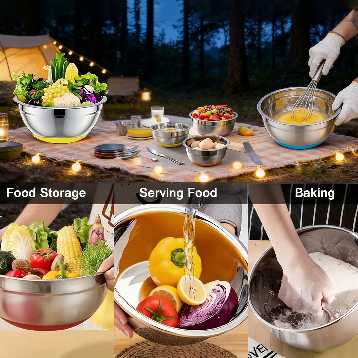 Stainless Steel Mixing Bowls Set with Airtight Lids 7 Piece, Stackable Nesting Bowls with Measuring Spoons Whisk Spatula Tongs Basting