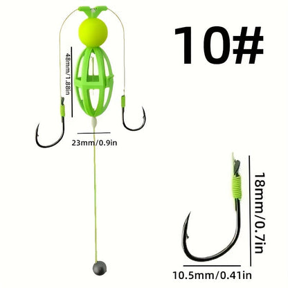 Fishing Hook Cage Set 3pcs Anti-Snag Double Hook Rig with Non-Twist Explosive & Flip Hooks – Carbon Steel Green Lure Fishing Bottom Hanging