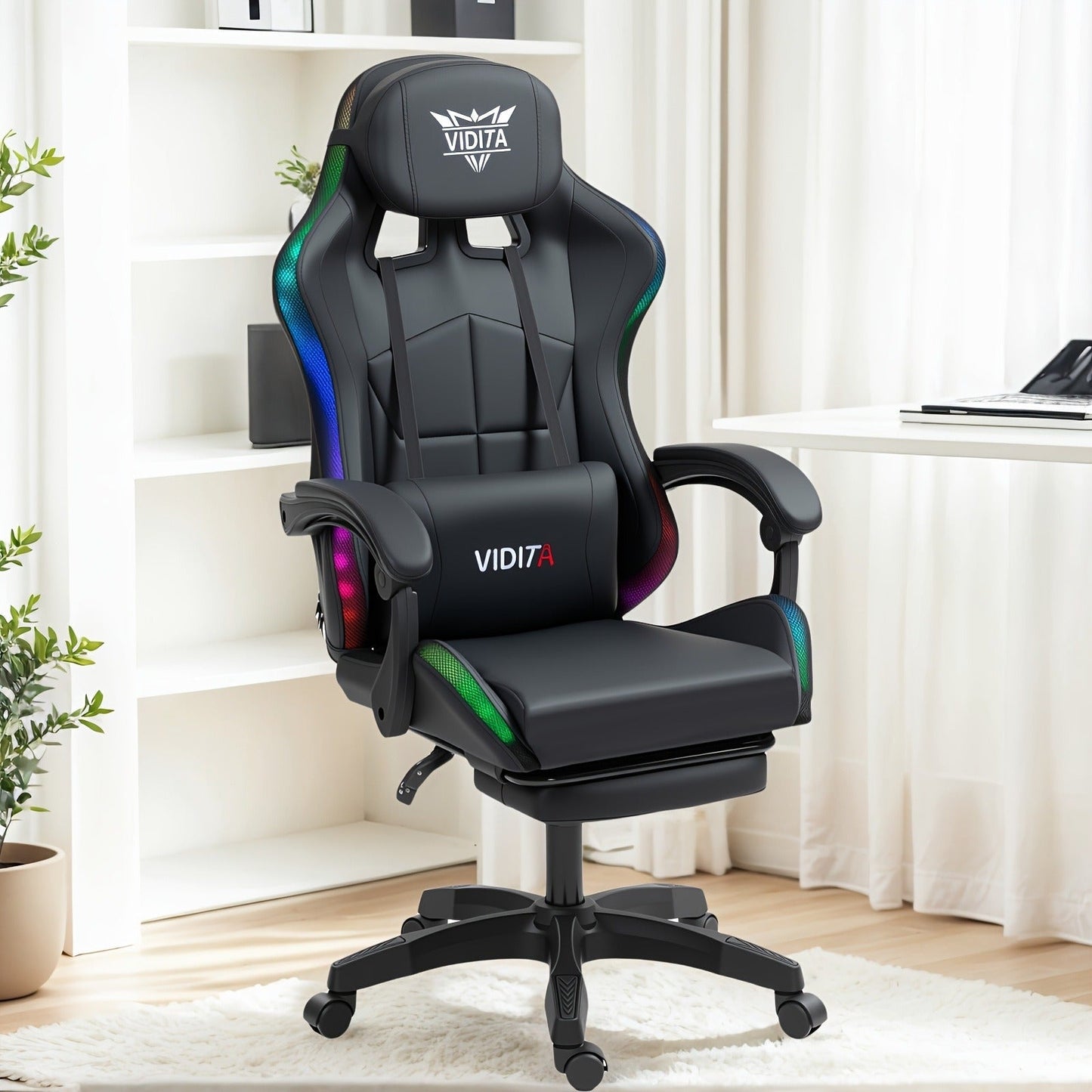 RGB Gaming Chair with LED Lights Footrest Ergonomic Gaming Chair with Massage Lumbar Support Reclining Video Game Chair for Adults Home
