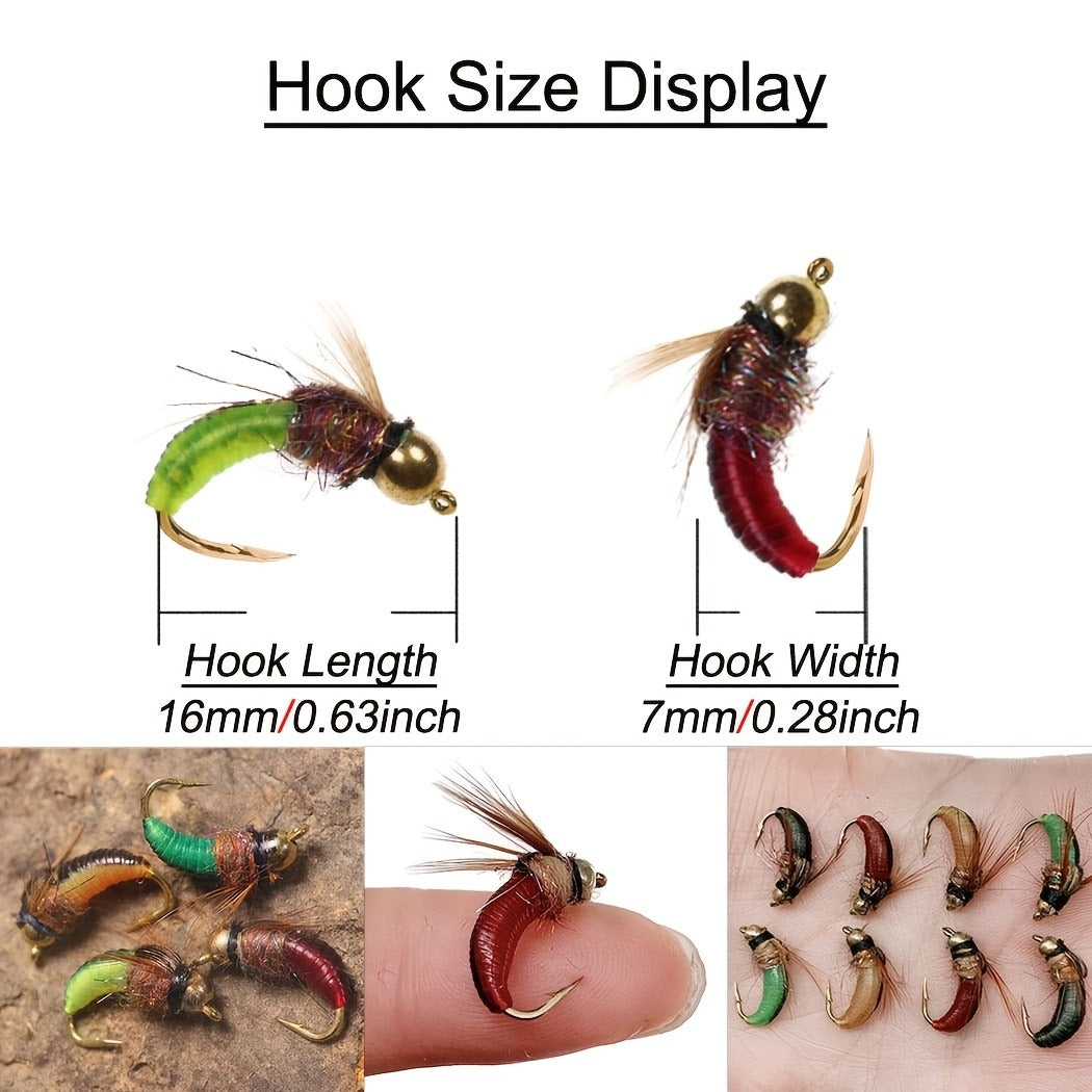 Trout Fly Fishing Flies Kit 24pcs – Brass Bead Head Caddis Nymph Lures Mixed Styles with Tackle Box, High Carbon Steel #10 Hooks for Bass