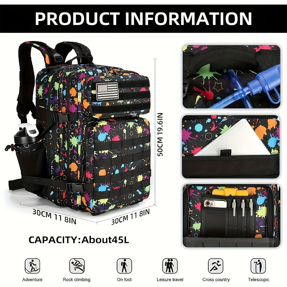 Large Hiking Backpack 45L Fluorescent Tie Dye – Lightweight Daypack for Camping, Travel, Cycling, Fitness & School