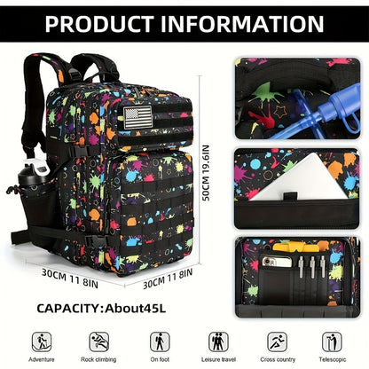 Large Hiking Backpack 45L Fluorescent Tie Dye – Lightweight Daypack for Camping, Travel, Cycling, Fitness & School