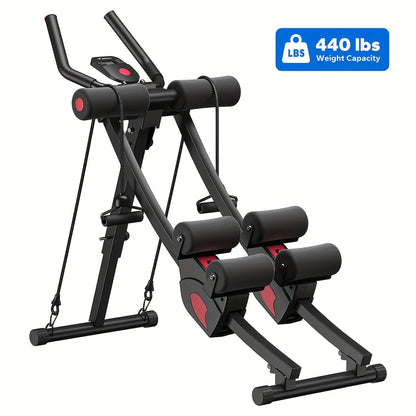Ab Machine Adjustable Dual-Track Core Trainer with LCD Display – Foldable Ab Roller 440LB Capacity, 110° Curved Track & Knee Pad for Home
