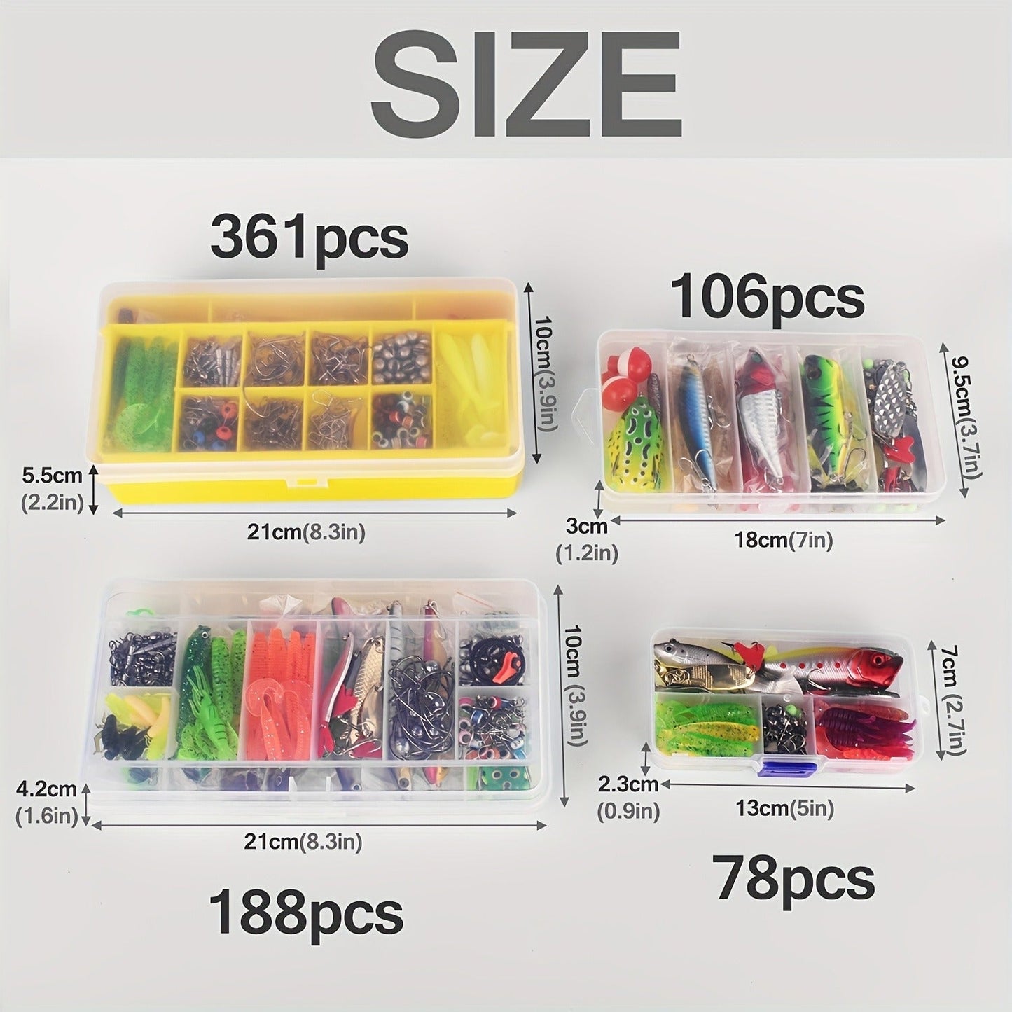 Fishing Lures Kit 78/106/188/361pcs Complete Freshwater Tackle Set with Spoon Lures Soft Plastic Worms Crankbaits Jig Hooks Tackle Box